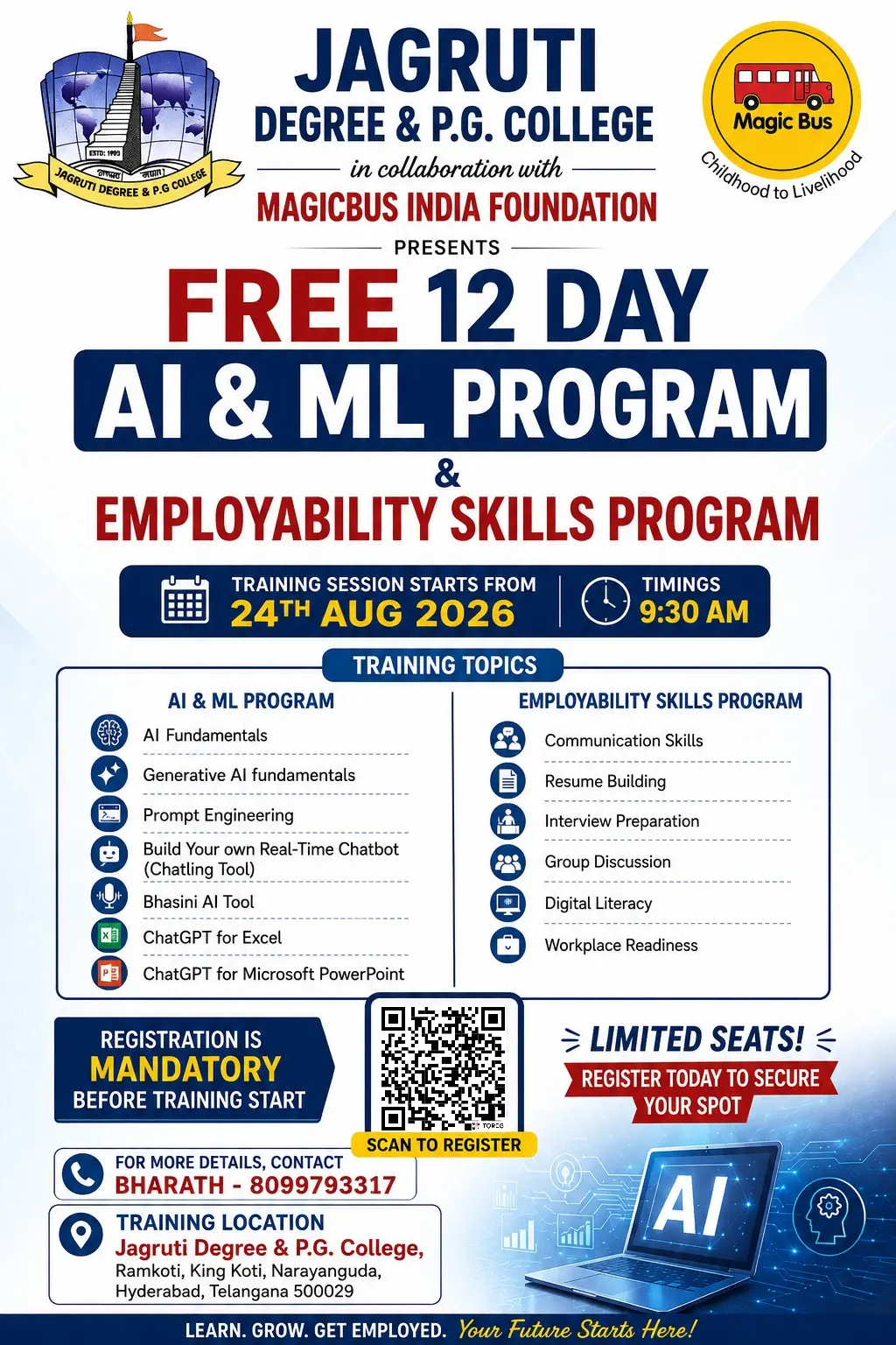 JCRT AI and ML program, Jagruti Degree and PG College